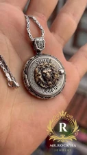 Seal of Solomon,Relief Lion,925 Silver Men King Byzantine Chain Covered Necklace
