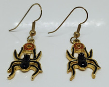 Spider Pierced Earrings Orange and Black Metal Enamel Design 1.5" Long