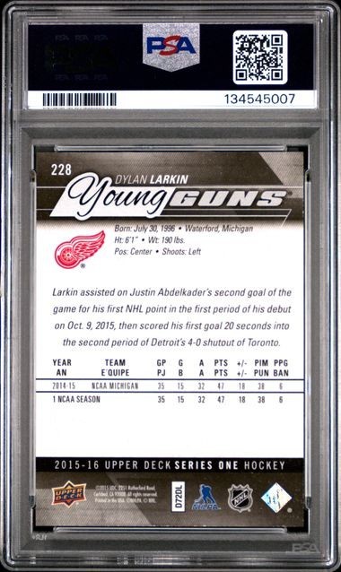 2015-16 Upper Deck - Young Guns Dylan Larkin #228 (RC) PSA 8 view 2
