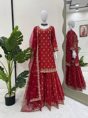 Latest New Chinon Silk Red Top Palazzo With Dupatta For Women Function  Wear