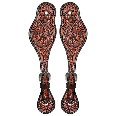 43BH Hilason Western Leather Spur Straps Brown Floral Carving Rustic Vintage