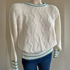 Vintage Jaclyn Smith Angora Blend Sweater L White Teal Trim Button Hem