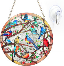 Stained Glass Window Hanging Suncatcher   Hand-Drawn Cardinal  Hummingbird Pane