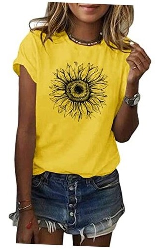 Women's T Shirts Short Sleeve Tees Sunflower Graphic Loose Summer Tops