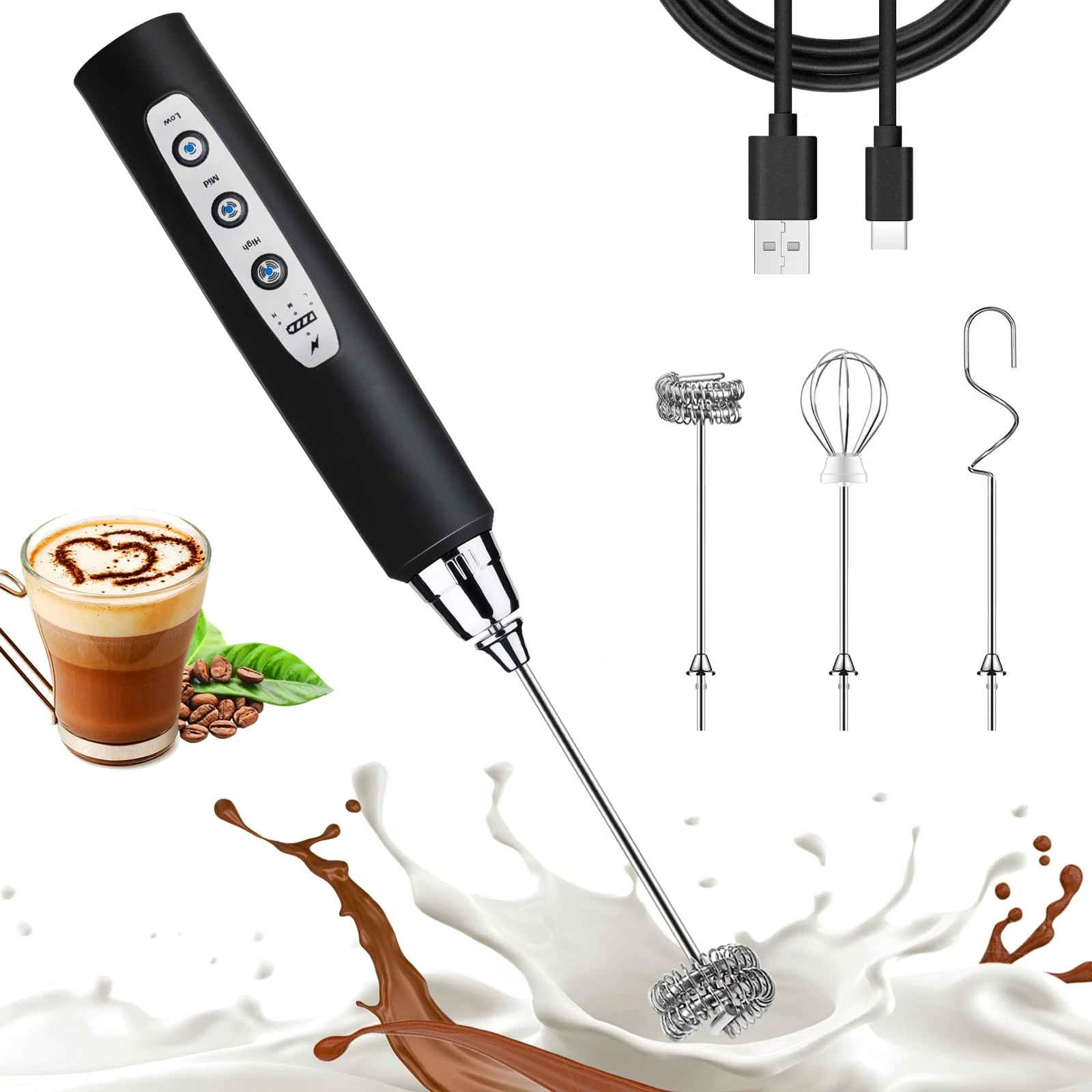 USB Rechargeable Milk Frother Handheld Stainless Steel Whisk 3 Speed Settings