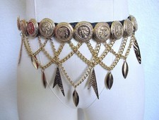 Vintage 80s Statement Belt Roman Coins Chains Dangles Gold Black Wrapped Cords