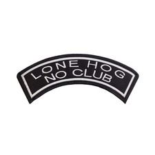 Large LONE HOG NO CLUB Embroidered Rocker Patch - White & Black Biker Top Rocker