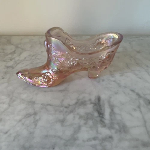 Fenton Glass Shoe Figurine Pink Iridescent Floral Glossy Decorative