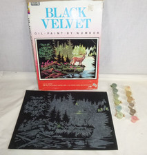 Vtg 80s Paint By Number On Black Velvet Woodland Deer Craft House 14x10