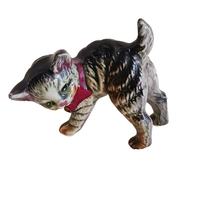 Vintage Porcelain Brown Striped CAT Tabby Playing Figurine Red Bow Collar