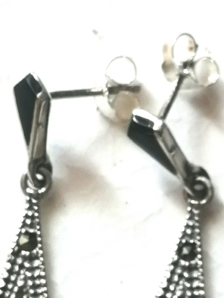 Orecchini da donna in argento pendenti con inserti in onice degli anni 50 - Immagine 4 di 4