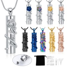 Rose Flower Urn Necklace for Ashes Hollow Cylinder Cremation Ashes Urn Necklace