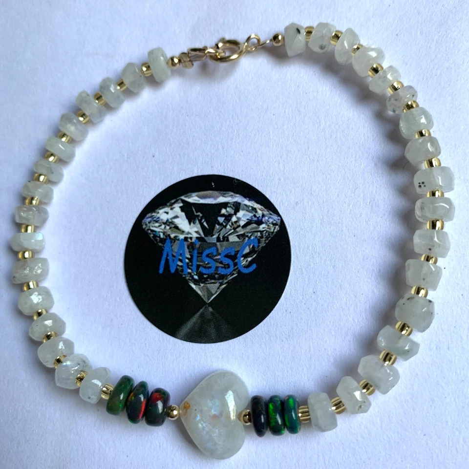 9CT GOLD RAINBOW MOONSTONE HEART AND DARK FIRE OPAL  BRACELET  HANDMADE IN UK - Image 4 of 4