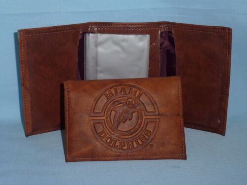 PORTEFEUILLE triple cuir MIAMI DAUPHINS neuf dans son emballage marron 1 logo vintage - Photo 1/9