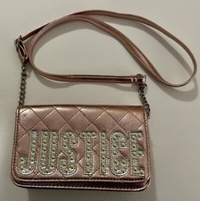 Justice Logo Pink Metalic Purse - Adjustable Strap