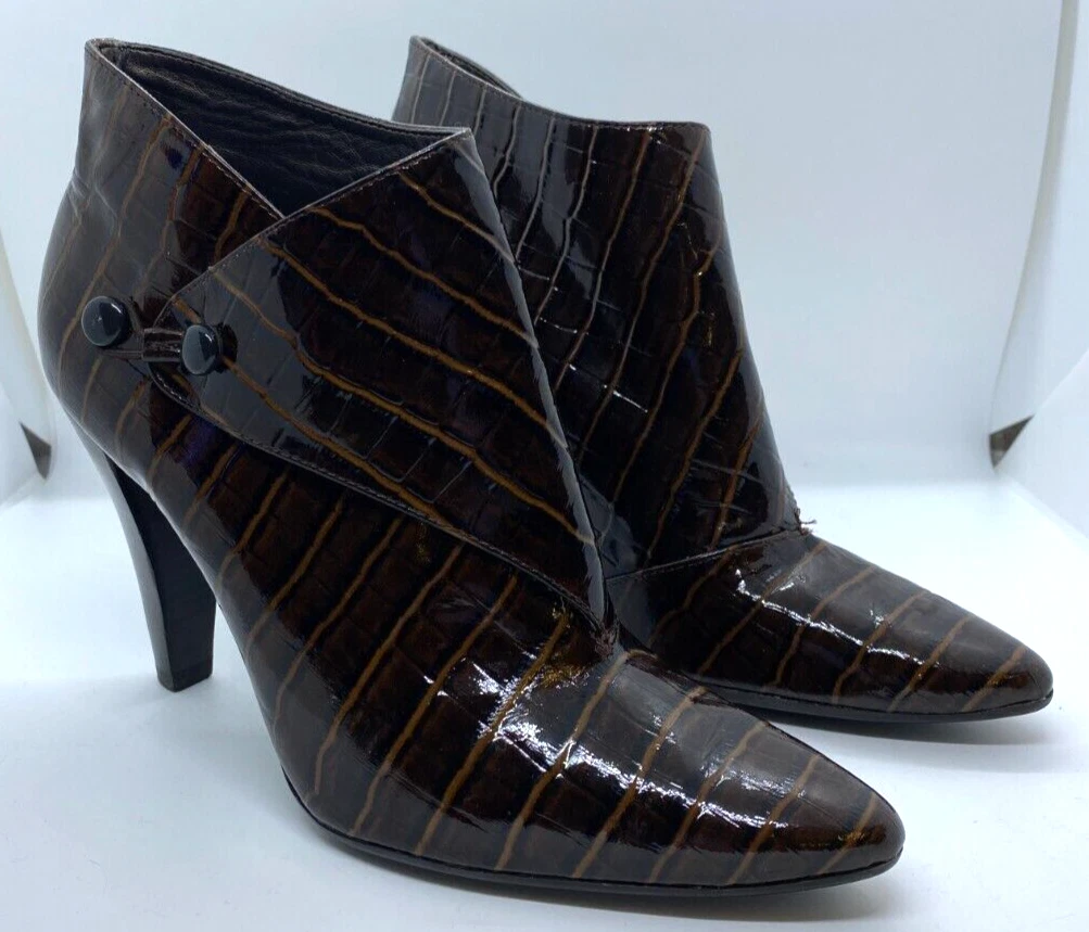 Via Spiga Women s Brown Ankle Boots Heels Size 6.5 Patent Croc effect