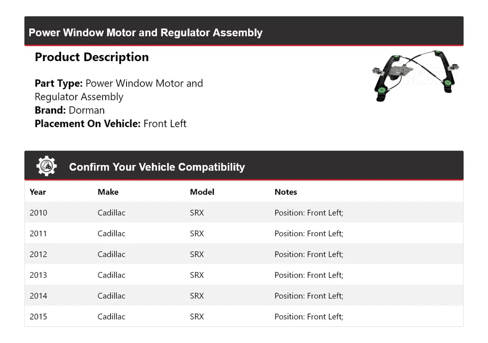 Conjunto de motor/regulador de ventana eléctrica para Cadillac SRX Dorman 2010-2015 2011 Foto 2 de 4