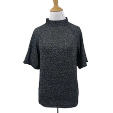 Loft Knit Shirt Womens Extra Small Gray Heathered Keyhole Back Mock Neck Raglan