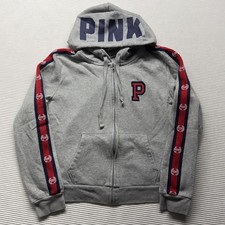 Victoria's Secret PINK Hoodie Womens Large Gray Full Zip Fleece Stripe Logo