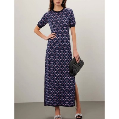 Paco Rabanne Blue Logo Knit Midi Dress MEDIUM Bodycon Career Wool Designer $940