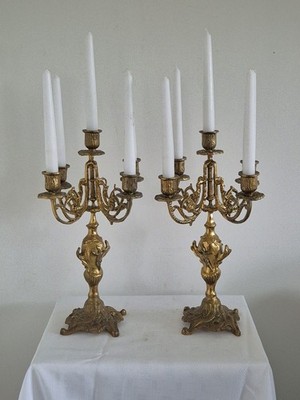 Pair Antique 1800s Candlelarba 5 Arm Heavy Ornate Quality French 16''