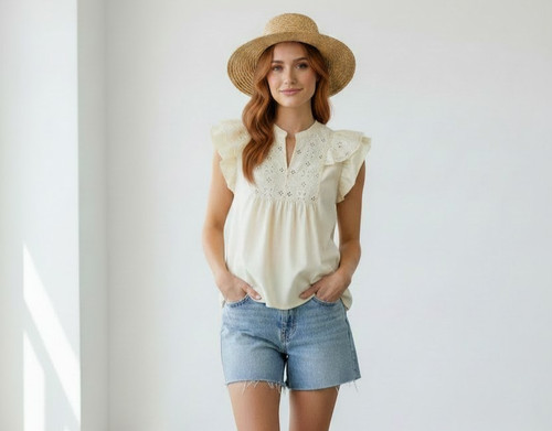 NWT Umgee Eyelet Flutter Sleeve Blouse Cottagecore Boho Cream Size S