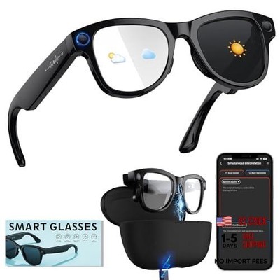 Smart Glasses with Camera with 3600mAh Charging Case, 8MP HD Video Gray