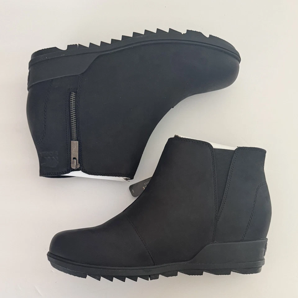 Botas de tornozelo femininas Sorel Evie II com zíper tamanho 11 salto cunha couro preto - Imagem 4 de 4