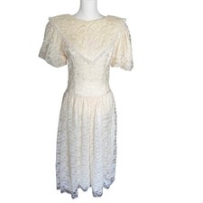 VTG 80s Ivory Lace Romantic Puff Sleeve M Midi Dress Ivory Prairie Edwardian