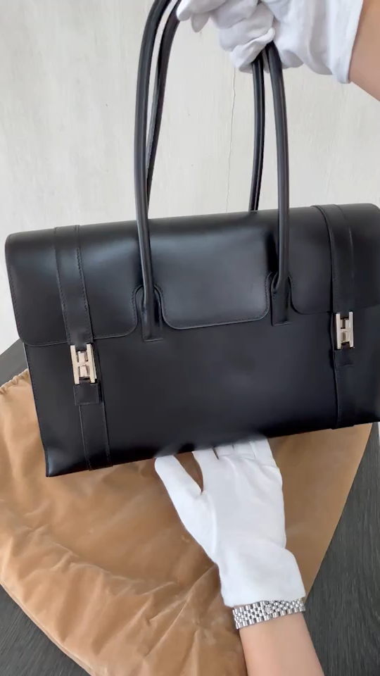 HERMES Drag 37 Handbag Box calf leather Black SHW Vintage Tote Men