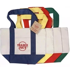 Trader Joe's Mini Canvas Tote Bag Set Of 4 Red Blue Green Yellow CHRISTMAS LIMIT
