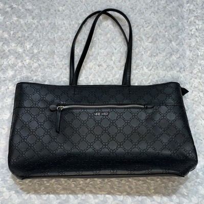 Nine West Black Monogram Zip Top Tote, Lined Inner Pockets, Silver Hardware