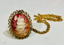 Rare 1950s Italian Carved Glass Cameo Pendant on 36 Vintage Chain