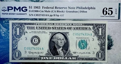 1963 1 $ Mule Philadelphia Federal Reserve Note (C-A Block) PMG 65 Gem EPQ - Image 1 of 2