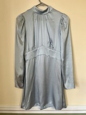 Reformation Silk Mini Dress Size 4 Light Blue Puff Sleeve High Neck EUC Used