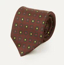Drake's London Brown Green Geometric Medallion Print Madder Twill Silk Tie NWT