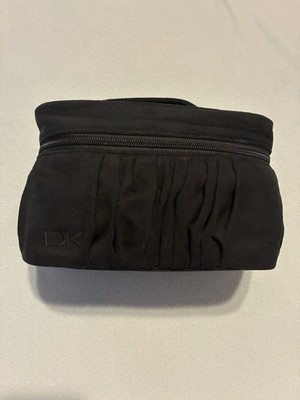 Donna Karan Black Suede Pleated Cosmetic Train Bag with Gold Hardware NWOT