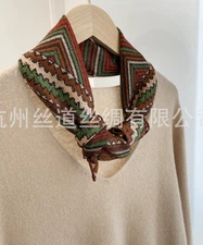 70%Cashmere 30% Silk Scarf Green chain Print Neckerchief Shawl Bandana 27'' Wrap