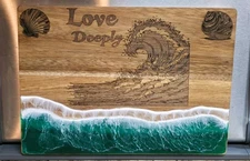Laser Engraved Acacia Wood Serving Tray- Love Deeply/Wave- W/ Resin Water Look.