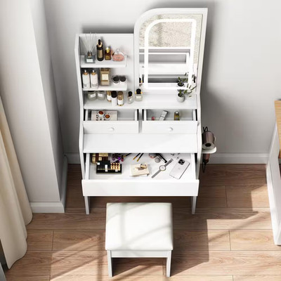 White Makeup Vanity Set with Chair, 3 Color Lighting Brightness Adjustable Mirro