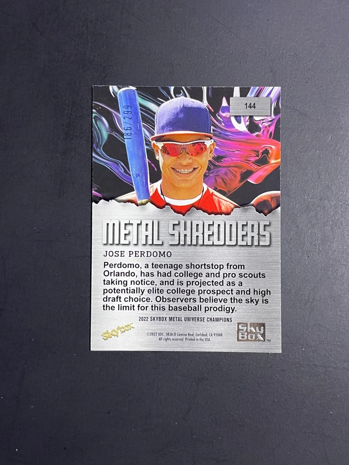 2022 Skybox Metal Universe Jose Perdomo Shredders Silver Dots #/299 RC Card #144 - Image 2 of 2