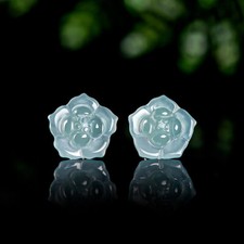 Blue Myanmar Jadeite Flower Earrings Ear Stud 925 Silver Natural Burmese Jade