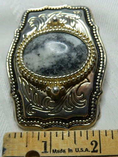 Western Belt Buckle Silvertone w Goldtone Detail Black & White Stone Center 3"X2 - Picture 5 of 5