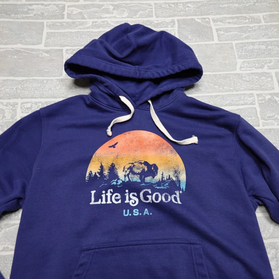 Life is Good Hoodie Mens Large Blue Fleece Hooded Sweatshirt Buffalo Graphic - Image 2 of 4