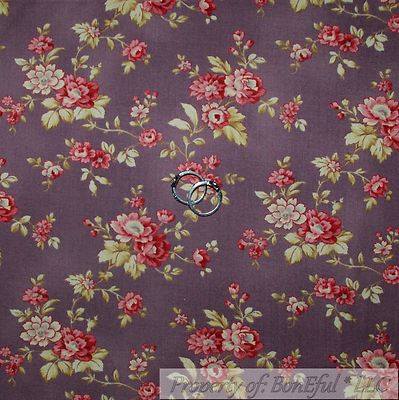 BonEful Fabric FQ Cotton Quilt Purple Red Rose Flower Garden Cottage Summer SALE