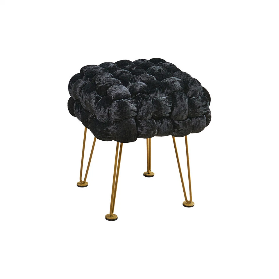 Handwoven Crushed Velvet Ottoman Footstool Soft Plush Pouf with Gold Metal Legs - Image 4 of 4