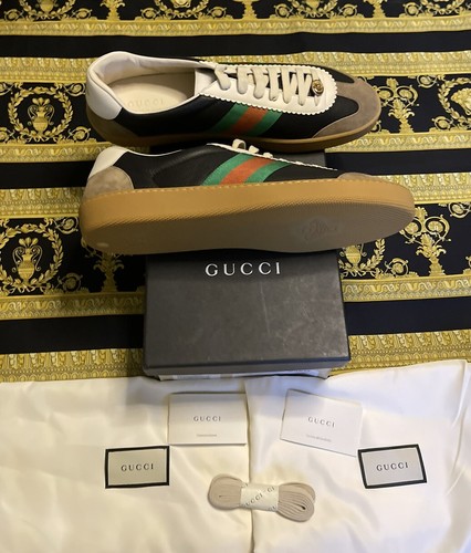 New Authentic Gucci Web Black Leather Lace Up Sneakers Suede 624486 G 15 US 15.5 - 第 2/6 張圖片
