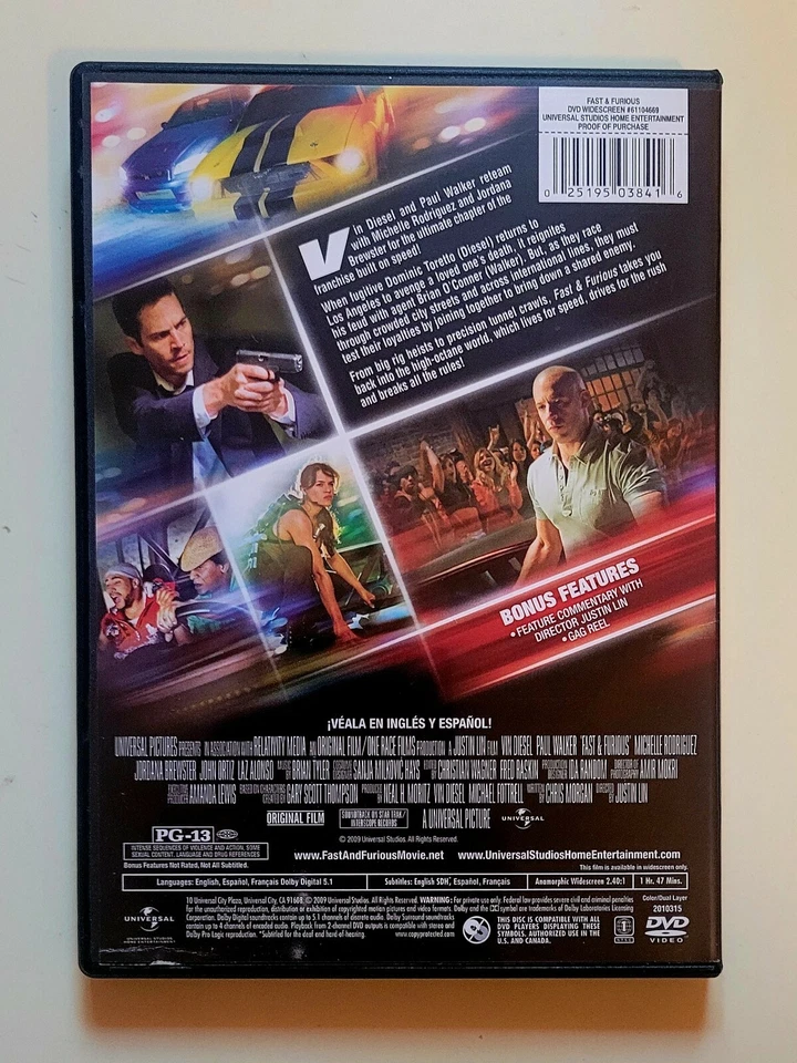 Fast & Furious DVD Action Thriller 2009 PG13 Vin Diesel Paul Walker Free Shipp. - Image 3 of 3