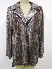 Chicos Sequin Snake Jacket Size 1 Brown Silver Mid Length Snap Closure NWT
