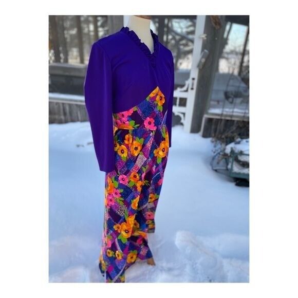 Vintage 60s Groovy Maxi Dress Royal Purple Floral… - image 9